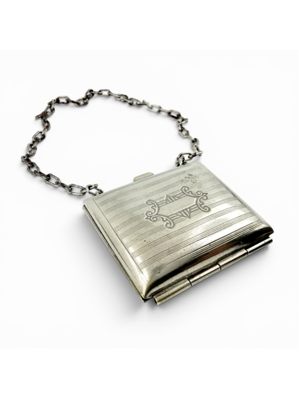 Vintage Art Deco Mini Compact Purse, Silver Minaudière, Chatelaine Style